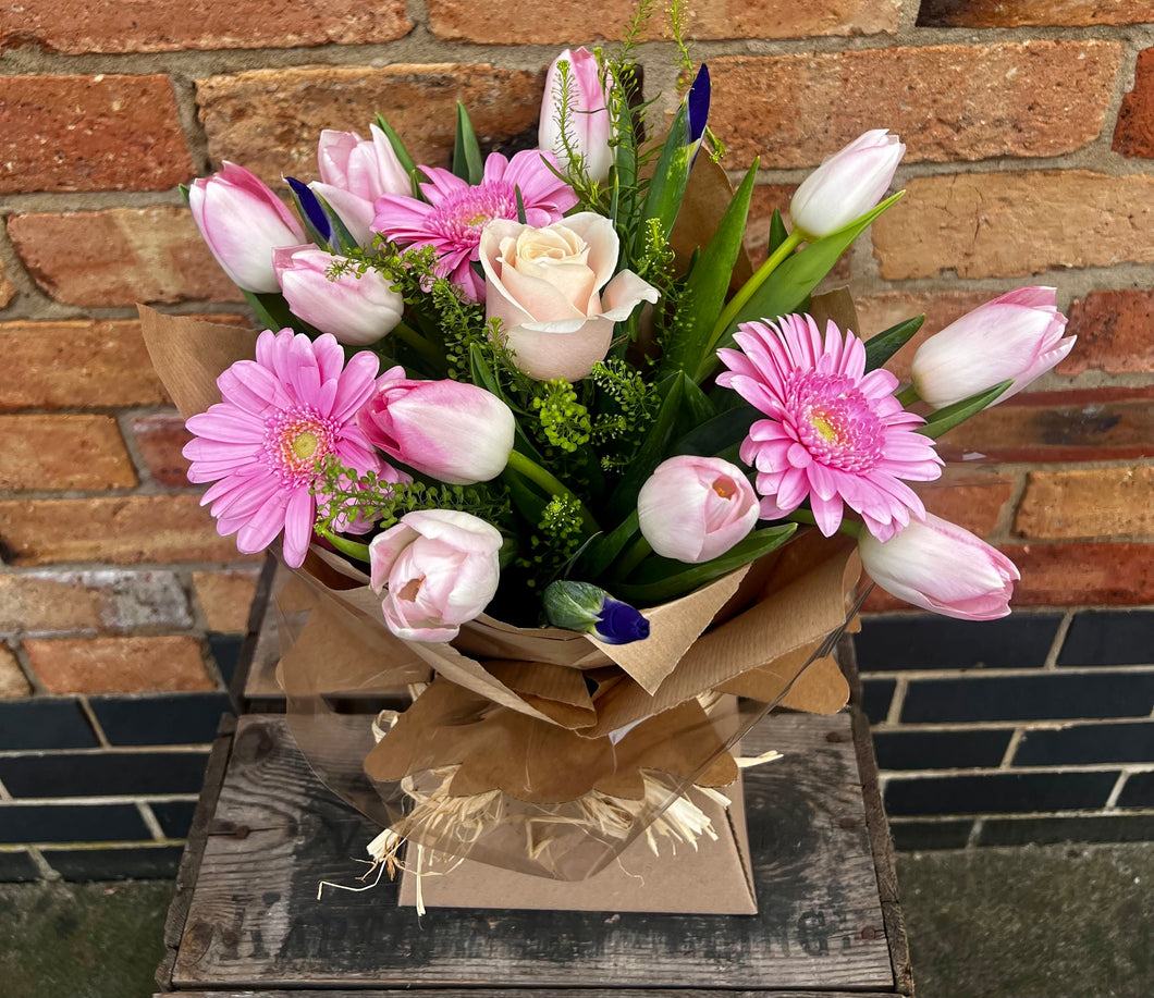Pink Tulip and Iris arrangement